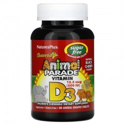 Nature's Plus, Animal Parade, Vitamin D3, Sugar Free, Natural Black Cherry, 12.5 mcg (500 IU), 90 Animal-Shaped Tablets